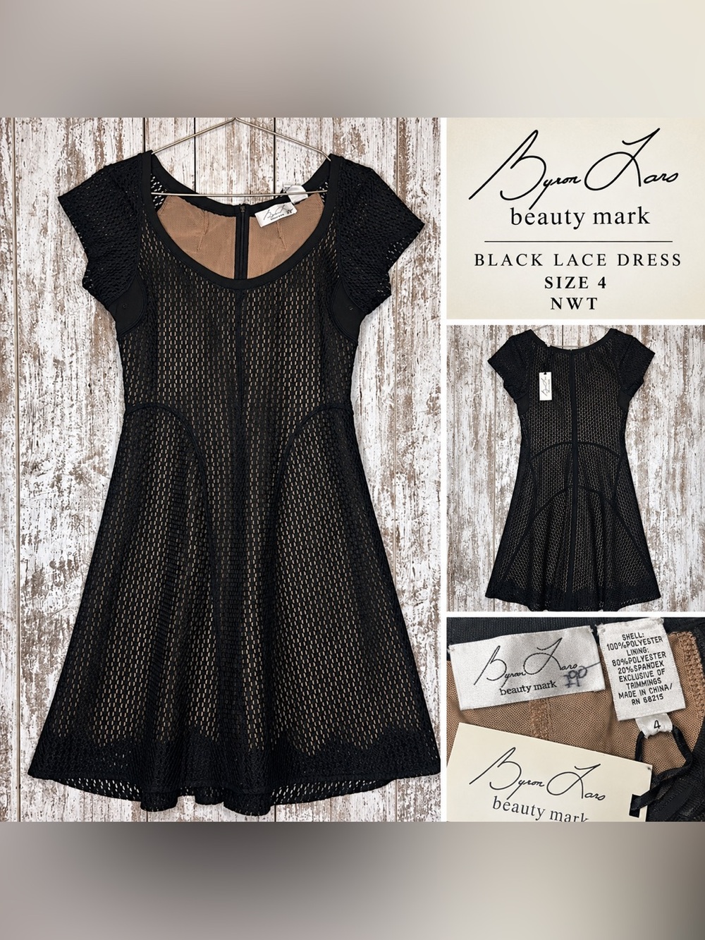 Byron Lars Beauty Mark Black Lace Mesh Fit & Flare Dress Size 4 NWT